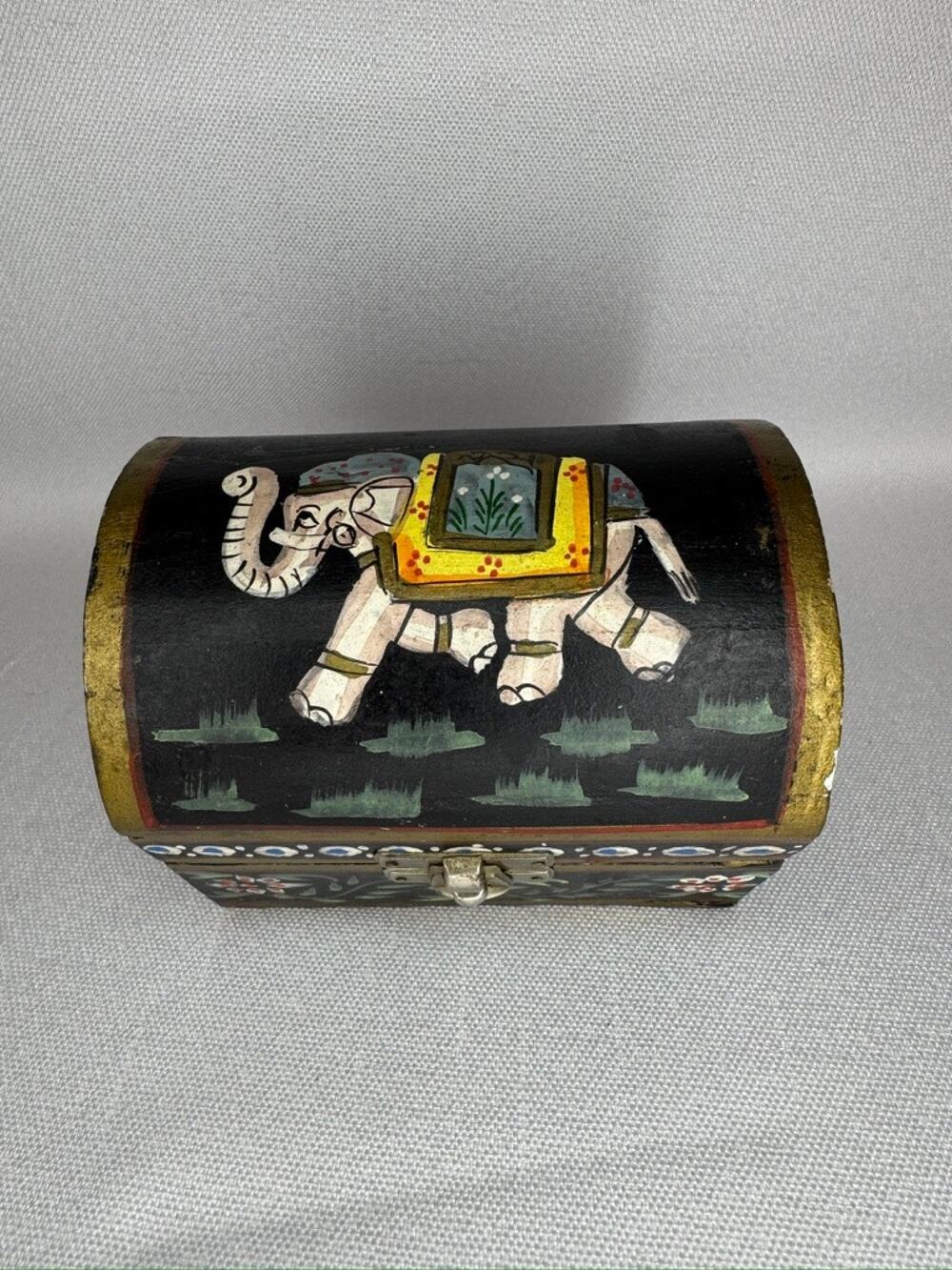 448. Vintage Hand Painted Wooden Elephant Trinket Box Black
